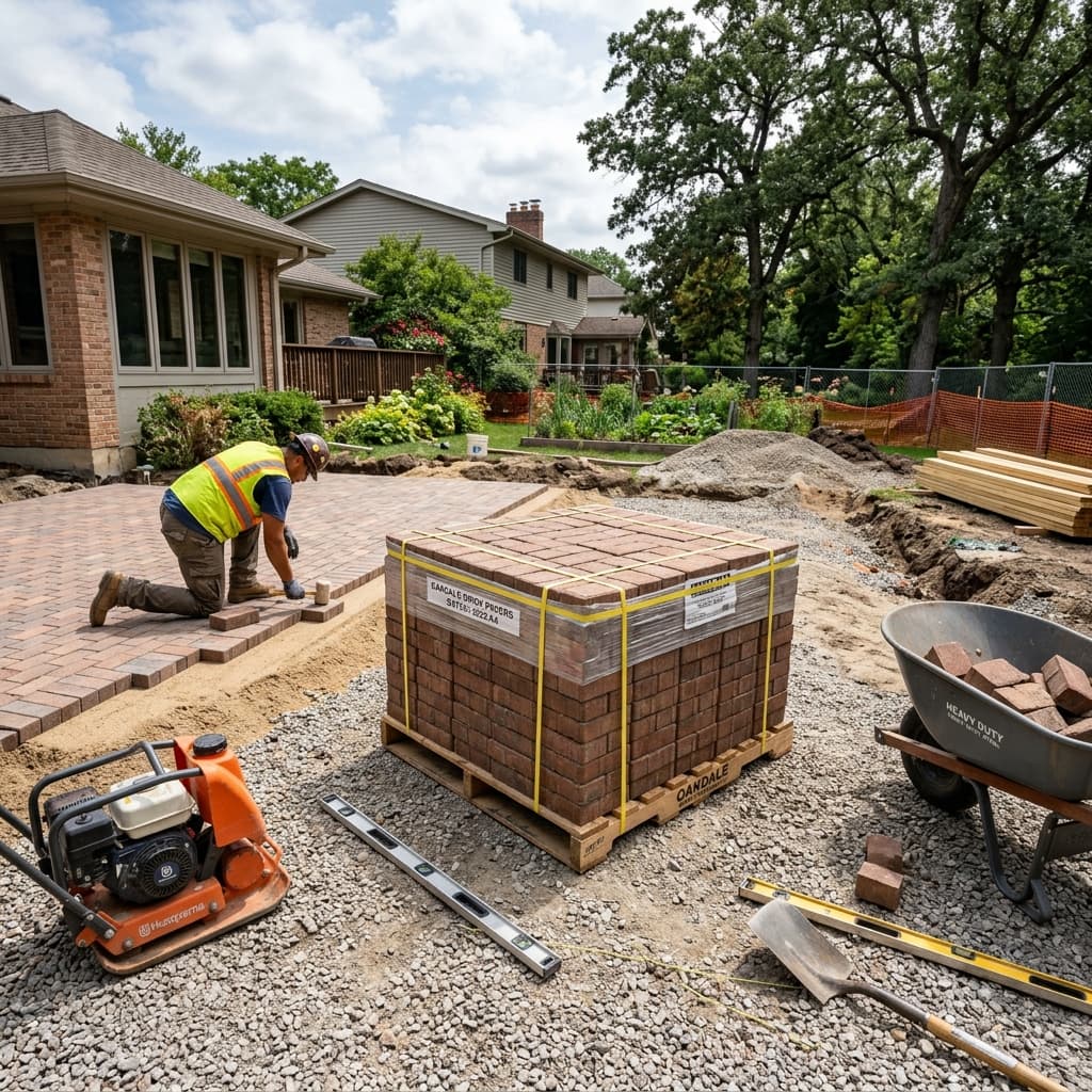Pallet of brick pavers sitting on a partially finished patio