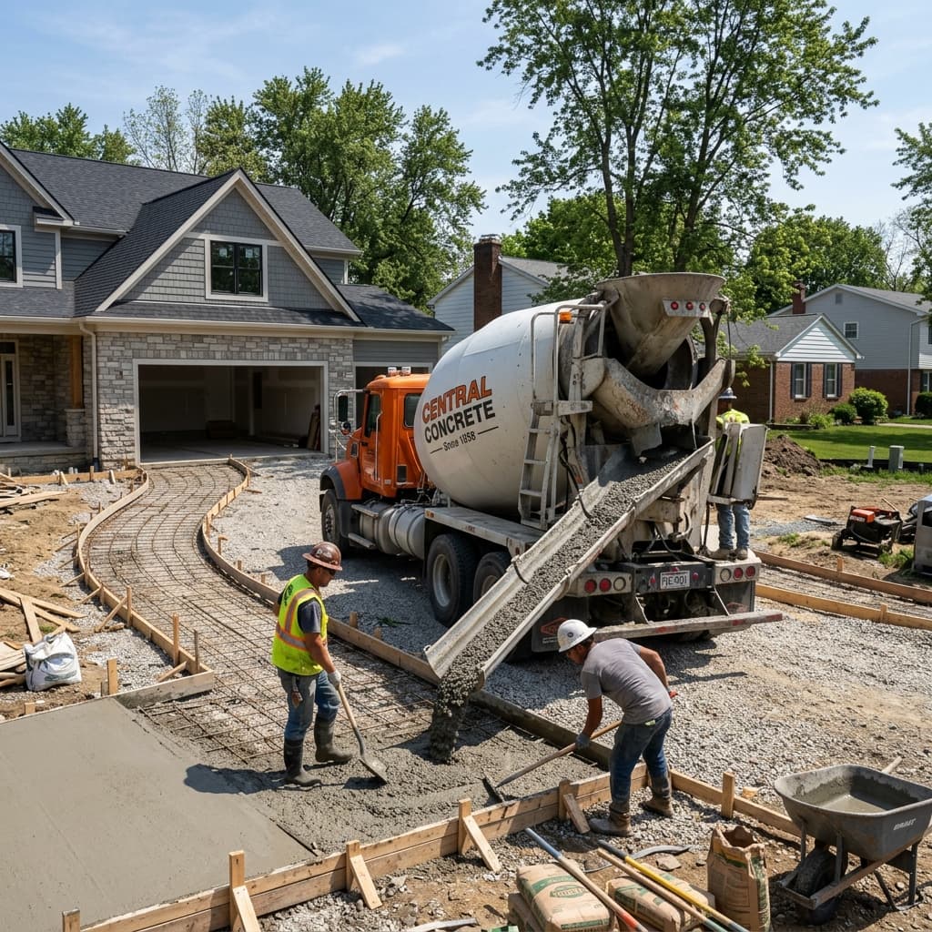 Ready mix concrete truck pouring a residential driveway