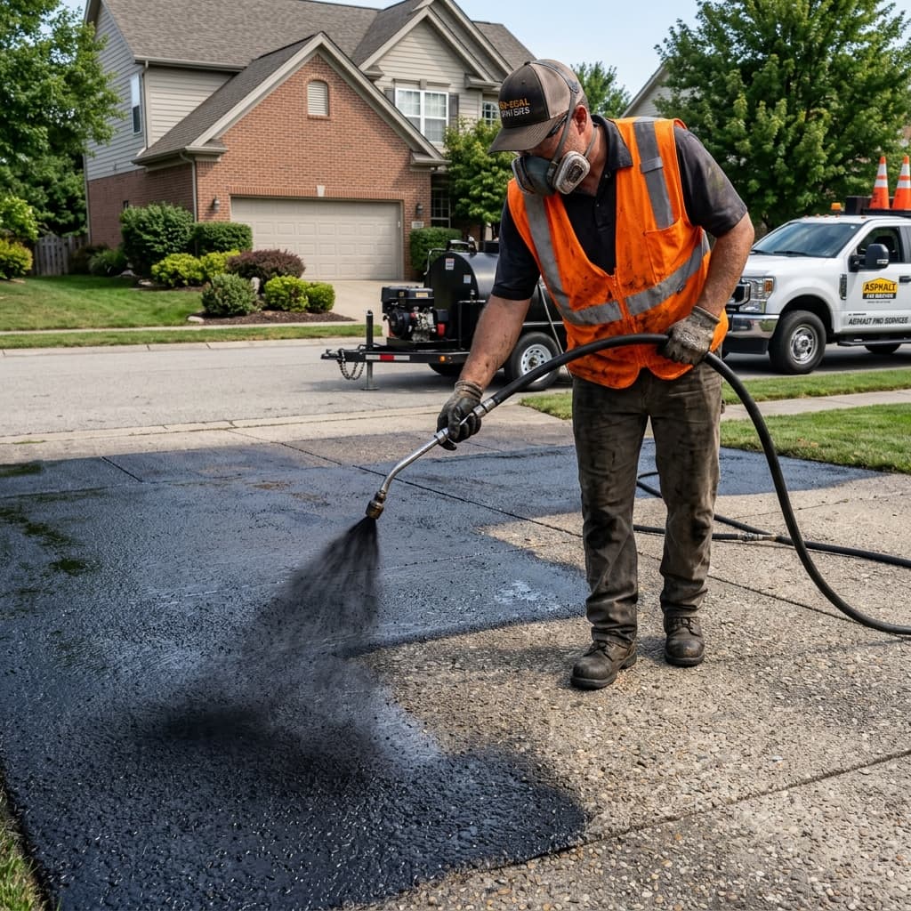 Contractor spraying black asphalt sealant onto a residential driveway
